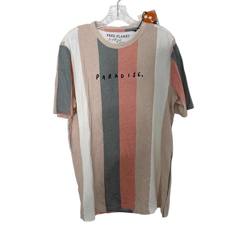 Free Planet Men’s Coral Beige Grey Striped T-Shirt NWT Size  XL
